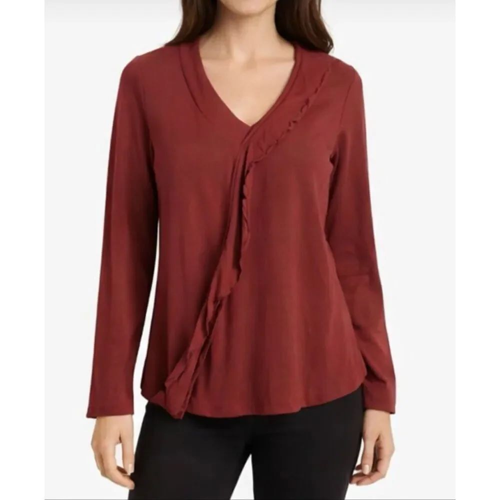 Garnet hill cotton wine collared ruffle blouse large